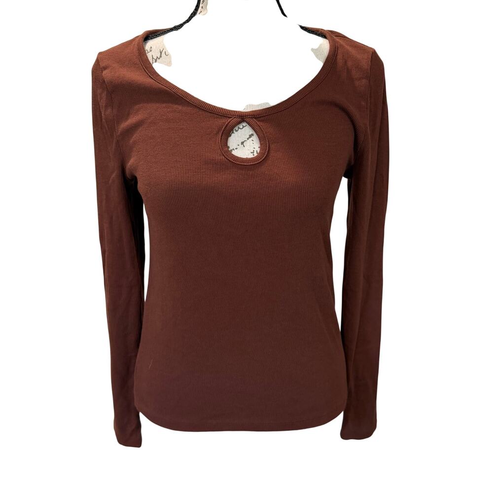 LOFT Burnt Orange Keyhole Knit Top Scoop Neck Stretch Long Sleeve Chic Medium